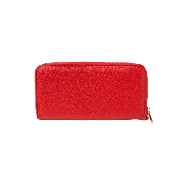 Red textured vegan leather zip-around clutch with goldtone zipper, part of accessories and under $50 collections