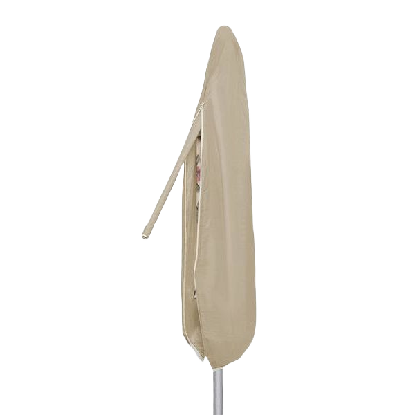 Large tan heavy-duty vinyl patio umbrella cover with secure Velcro fasteners for outdoor furniture protection