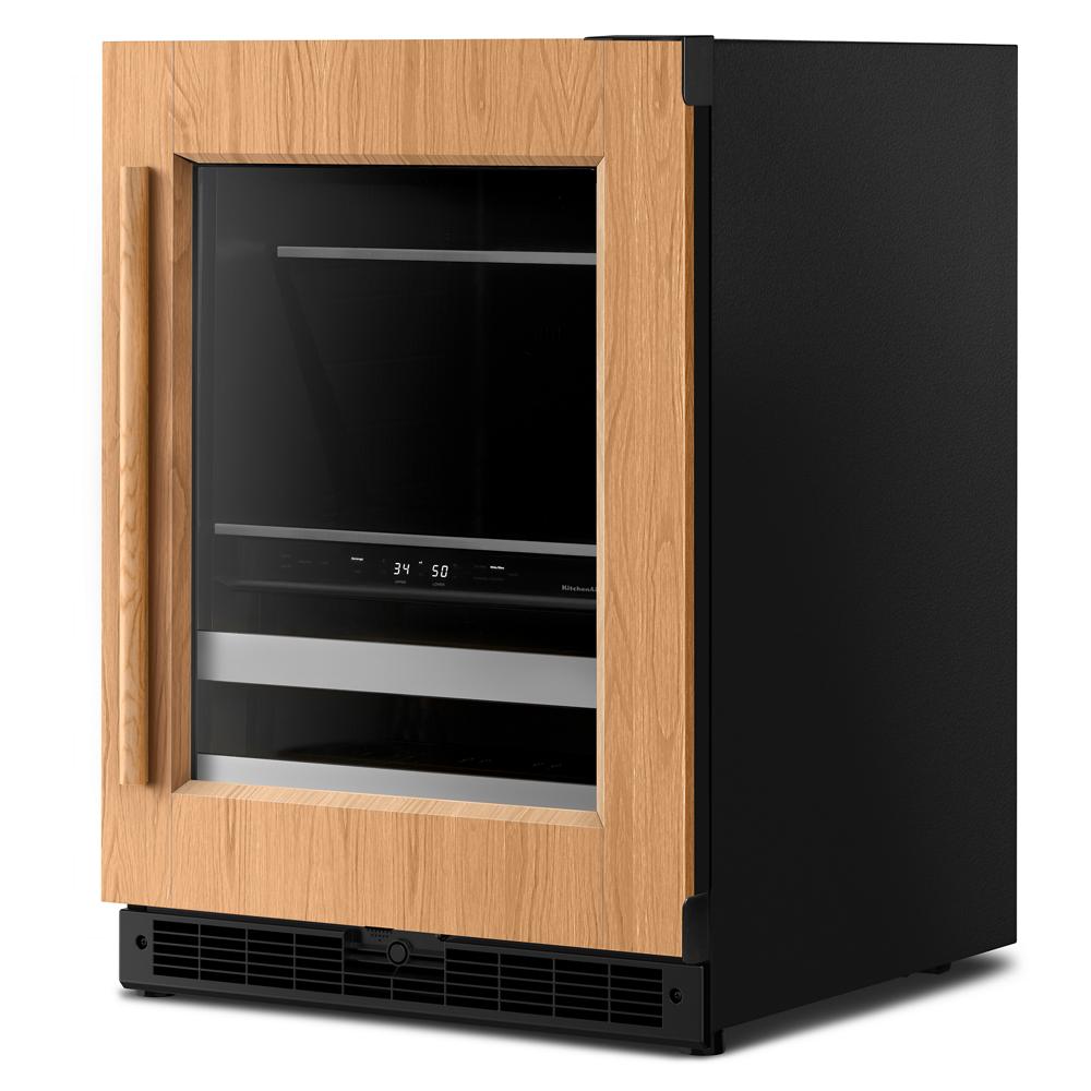 24-inch panel-ready beverage center with wooden frame, glass door, metal racks, and dual temperature zones in KitchenAid appliances collection