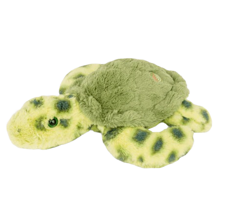 Soft green and yellow spotted turtle plush toy with textured shell and detailed stitching on flippers and head
