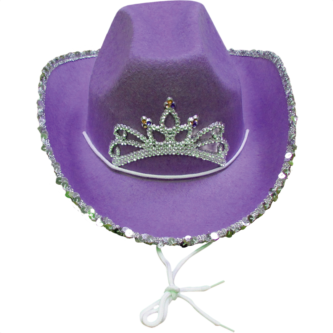Purple felt cowgirl hat with rhinestone tiara decoration and sequin trim for playful dress-up or costume use