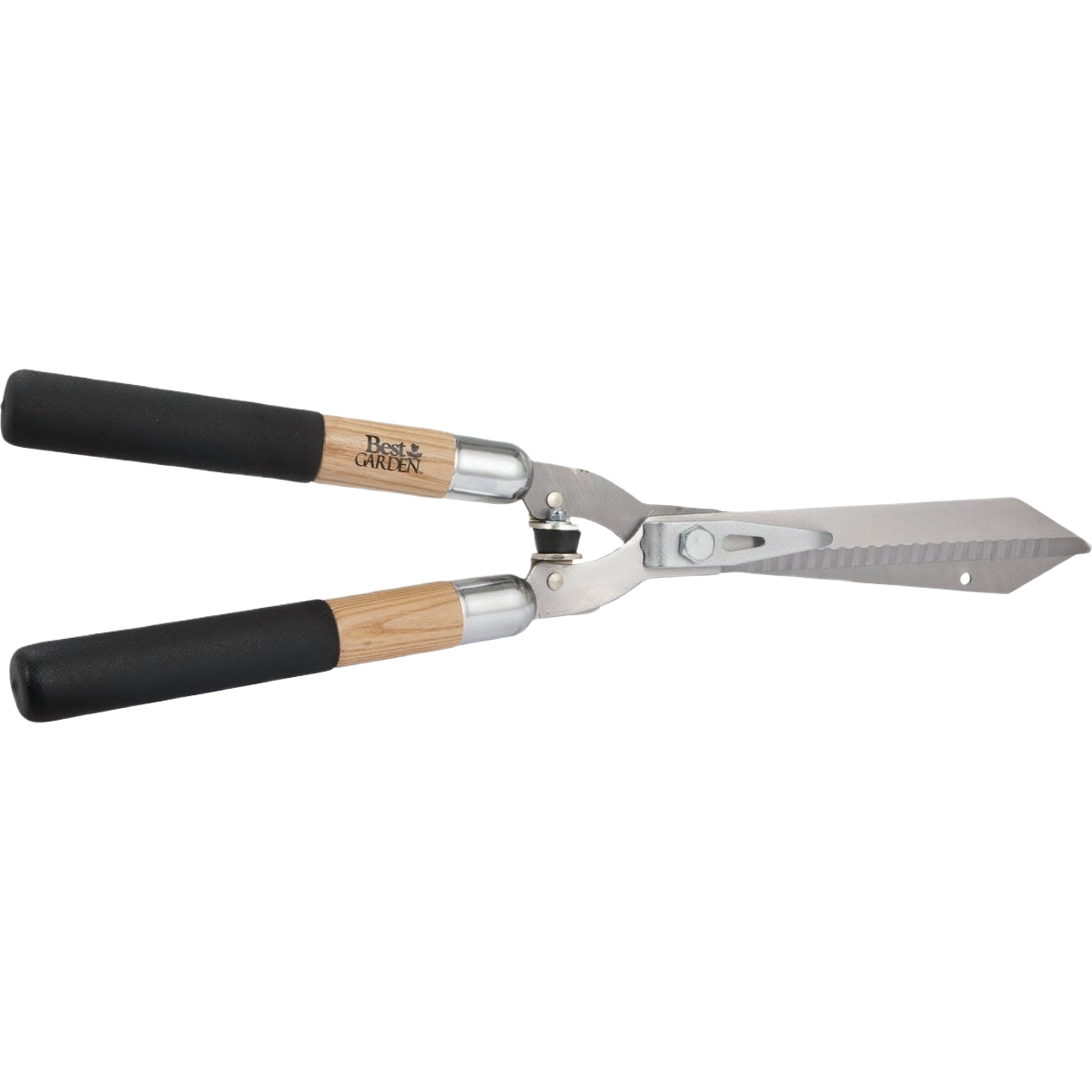 Serrated carbon steel hedge shear with wooden handles and black grips designed for precise garden trimming tasks