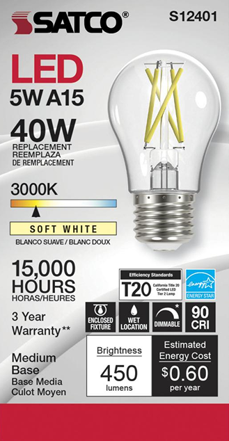 Satco LED light bulb with soft white 3000K color, medium base, dimmable, energy-efficient for indoor lighting