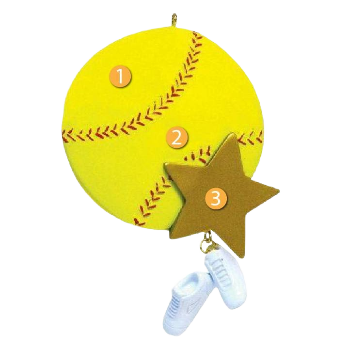 Yellow softball ornament with red stitching, gold star accent, and hanging white cleats for Christmas tree decor under $50 collection