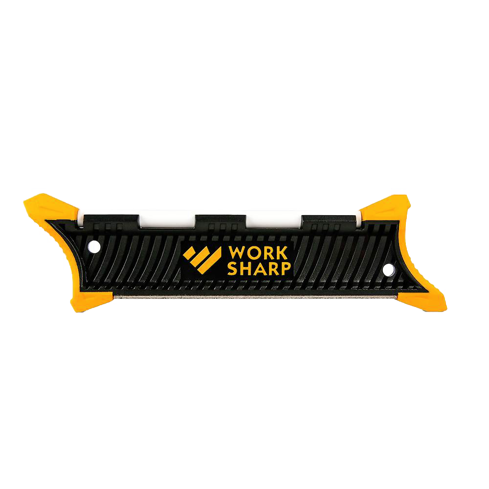 Compact black and yellow pocket knife sharpener with textured grip for kitchenware and hand tool sharpening tasks