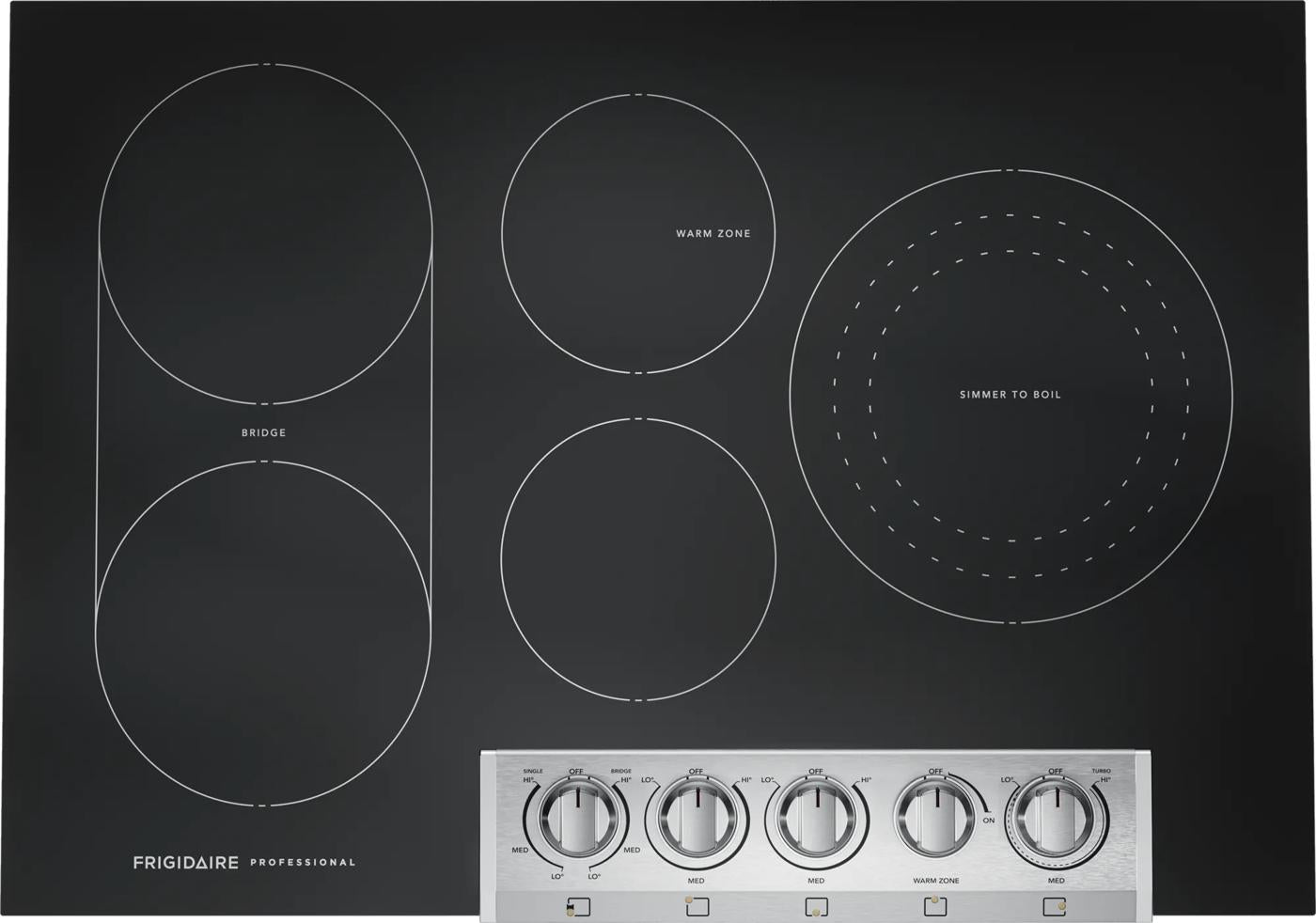 Black glass electric cooktop with five radiant burners, bridge element, and stainless steel control knobs from Cooktops collection
