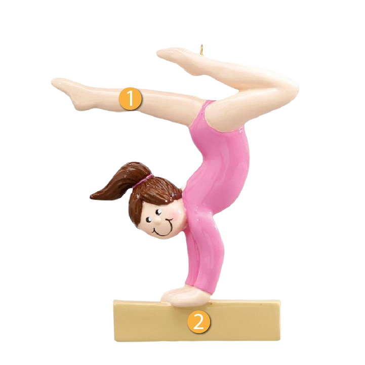 Brown-haired female gymnast figurine ornament in pink leotard balancing on beam Christmas decoration under $50 collection