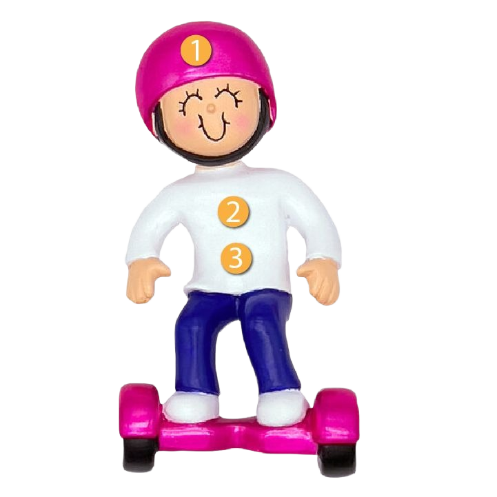 Smiling female figure wearing pink helmet riding pink hoverboard, festive Christmas ornament under $50