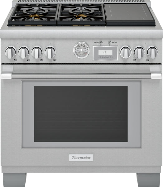 stainless steel dual fuel range with gas burners, induction cooktop, control knobs, and digital display panel