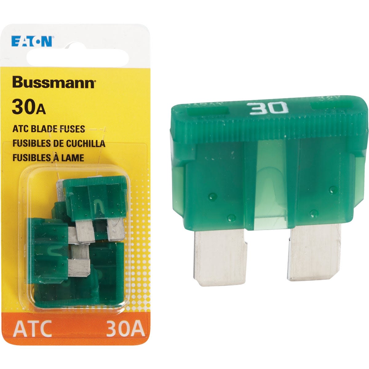 Green 30 amp blade fuse for automotive use with clear plastic body and metal prongs in a four-pack package