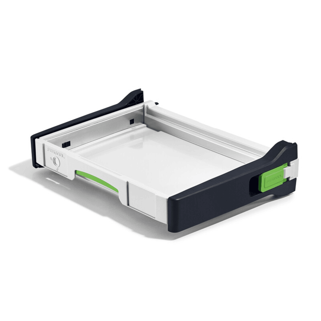 Compact pull-out storage drawer with black and white design and green locking mechanism for workshop organization systems