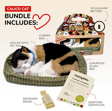 Realistic calico cat figurine with a blue collar, plush green bed, grooming brush, adoption certificate, and decorative carrier box