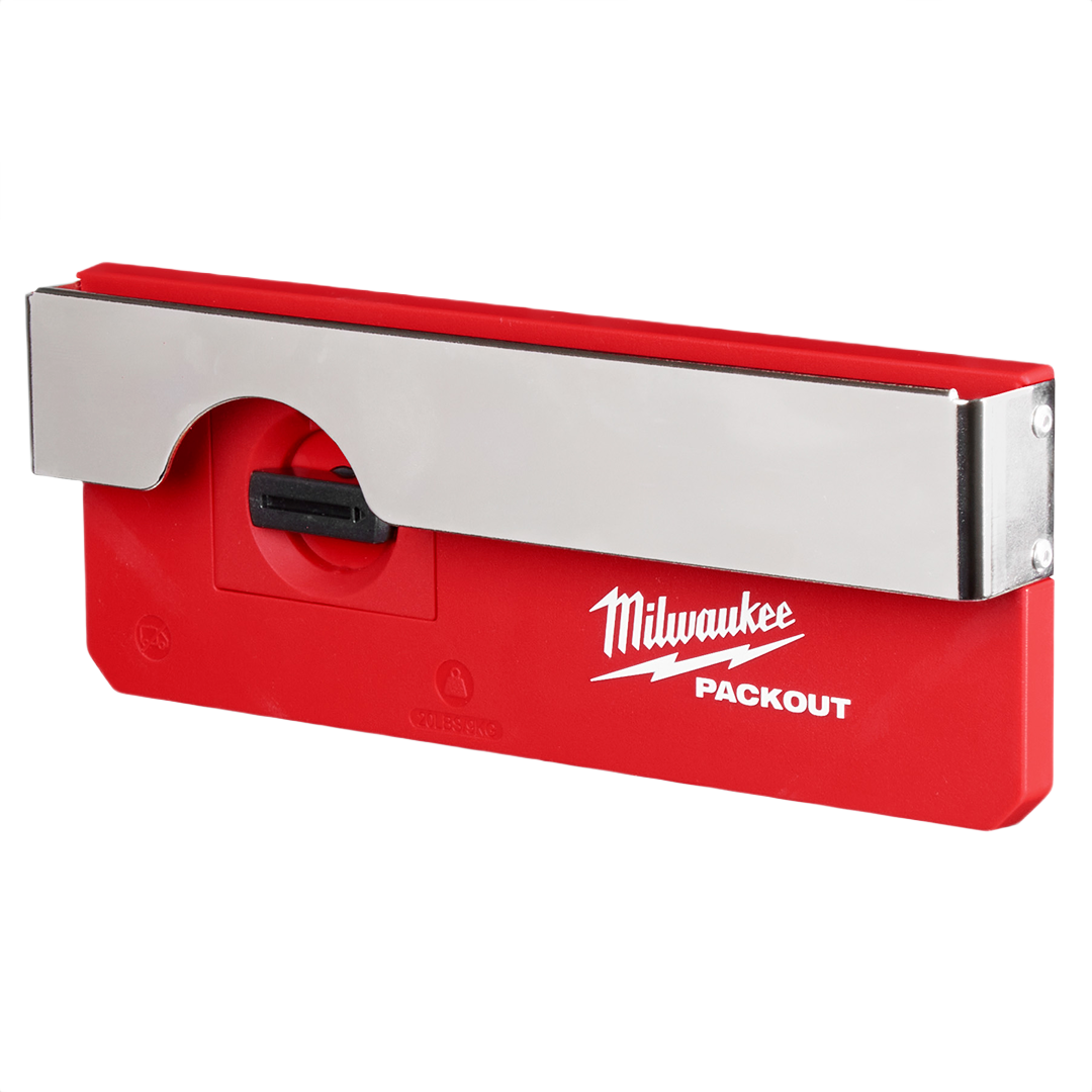 Red and metal belt clip rack designed for secure mounting in tool storage and workshop organization systems
