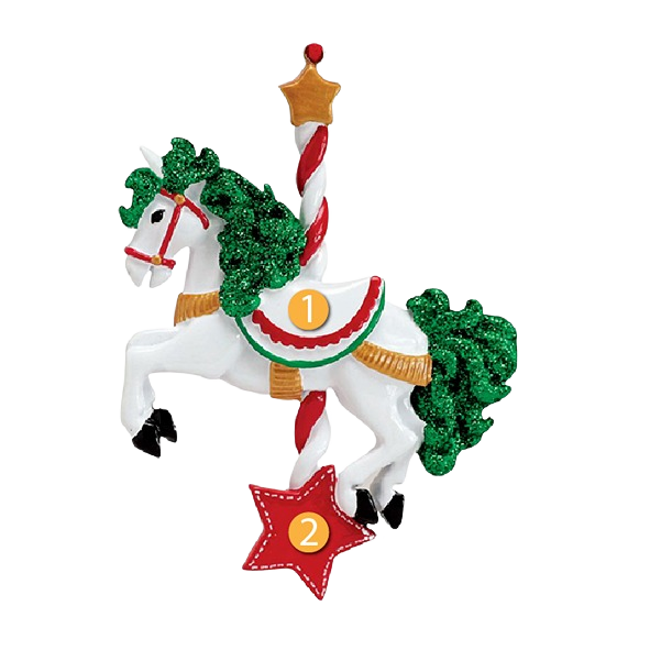 White carousel horse ornament with green glitter mane and tail hanging from candy cane pole in Christmas collection under $50