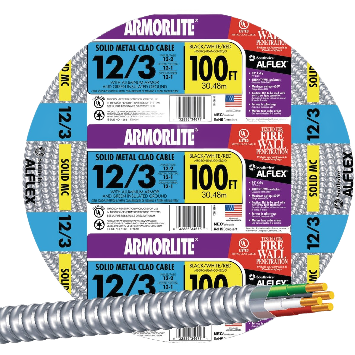 Roll of aluminum armored cable with black, white, red wires and durable metal cladding for home improvement projects