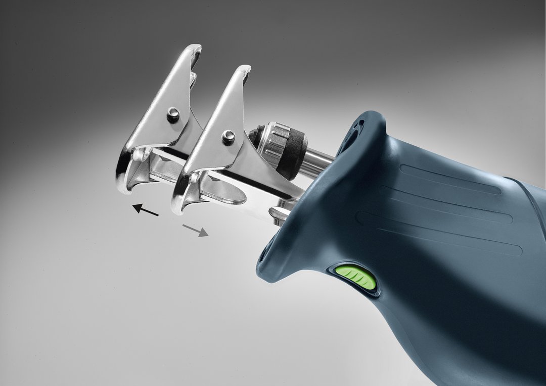 Close-up of Festool cordless reciprocating saw blade and front guard mechanism in electric power tool setup