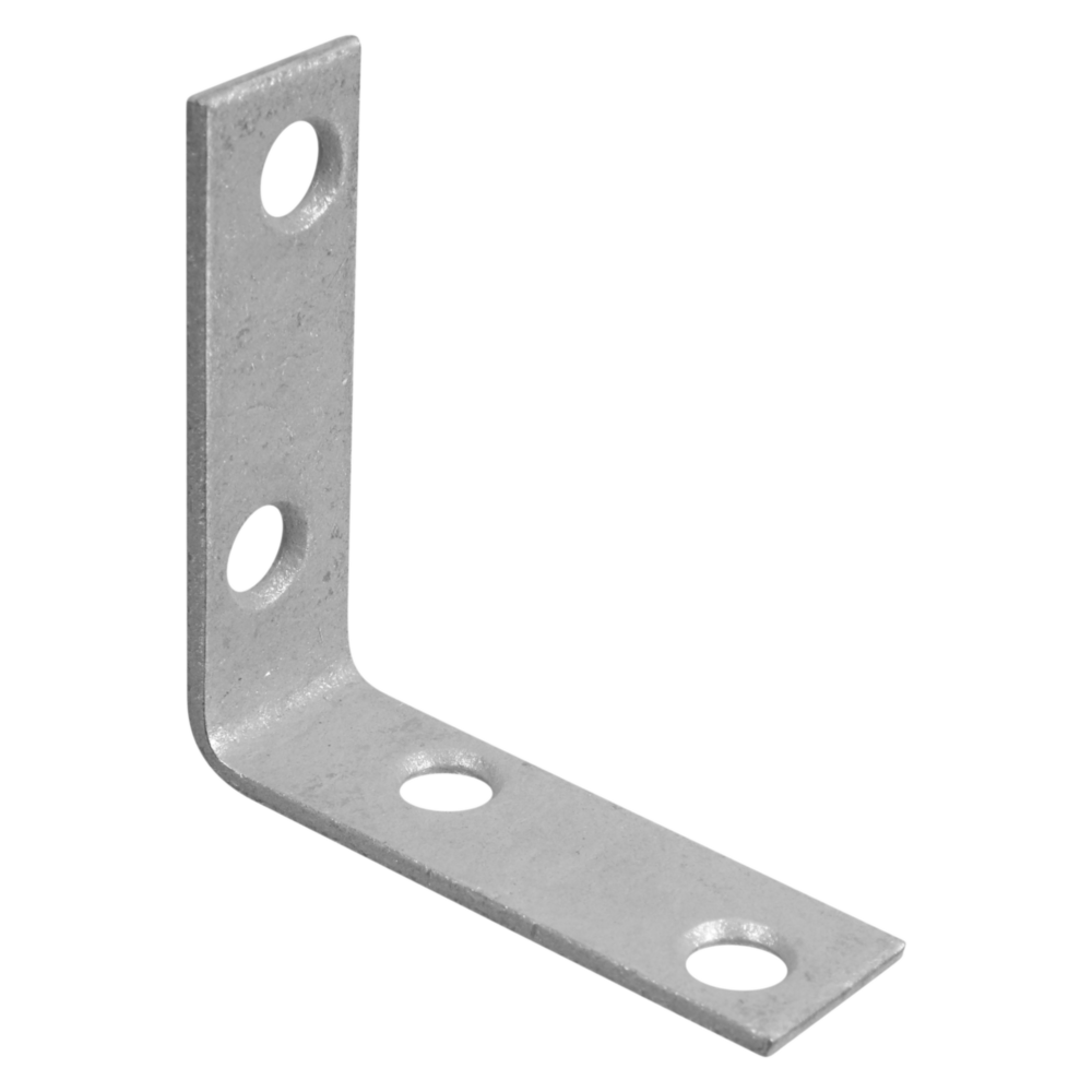 Galvanized steel corner brace with four screw holes for furniture and home improvement support applications