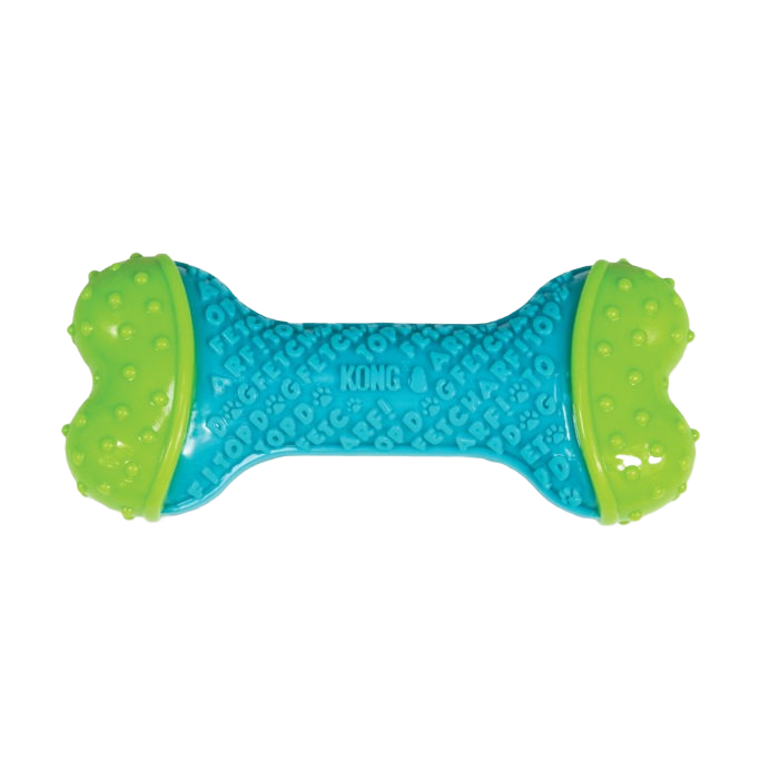 Durable blue and green rubber dog chew bone designed for medium to large dogs in pet toy collections