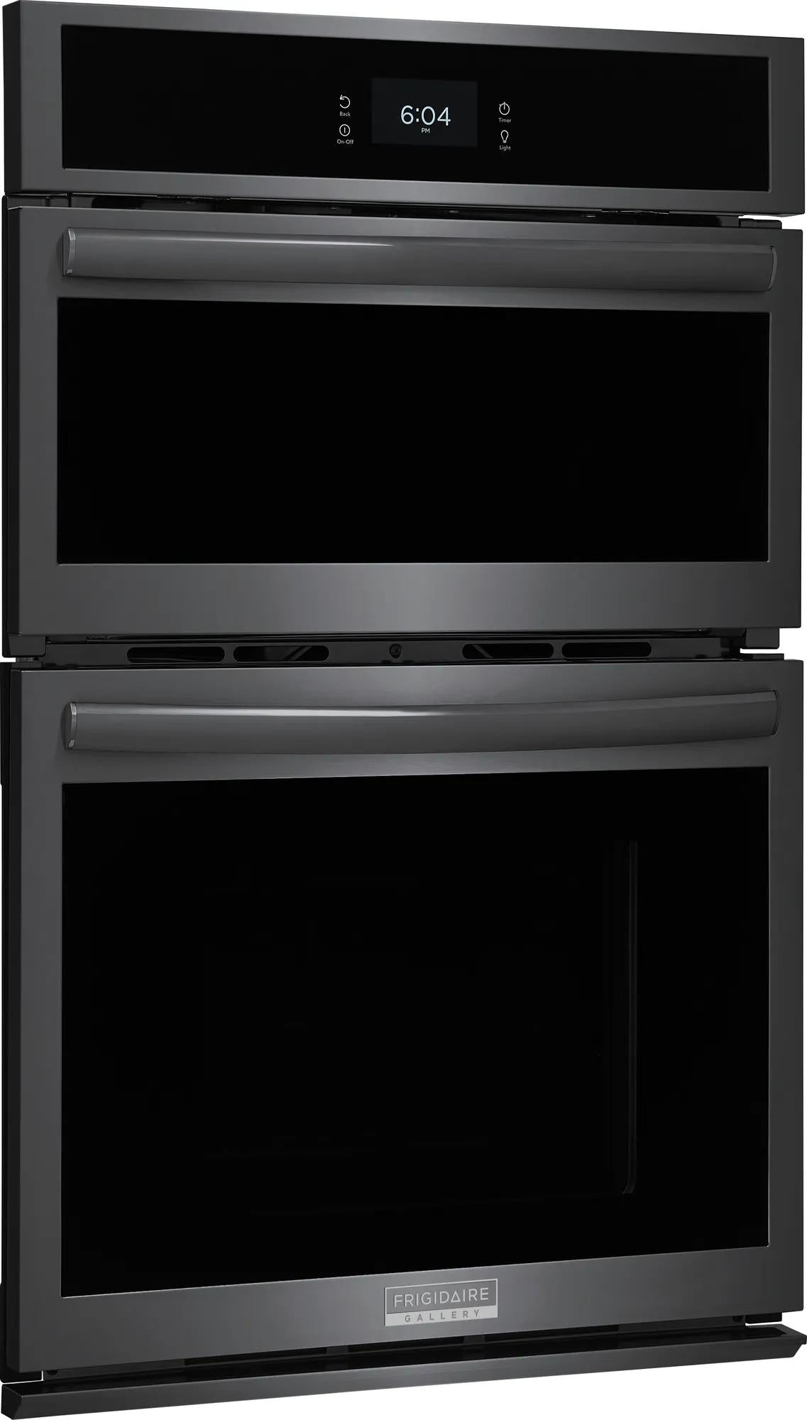 Modern 27-inch built-in electric wall oven and microwave combo with black stainless steel finish for kitchen appliances
