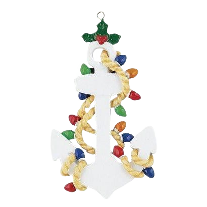 White anchor ornament wrapped in gold rope and multicolored Christmas lights for holiday tree decor under $50 collection