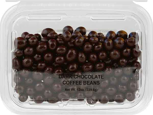 Clear plastic container filled with dark chocolate covered coffee beans in Chocolates & Candies collection under $50