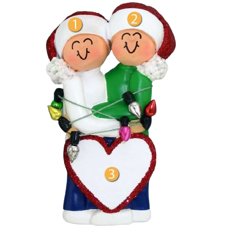 Couple figurine wrapped in colorful Christmas lights holding a heart for Christmas Ornaments & Tree Decorations collection