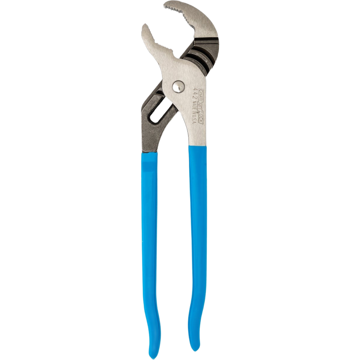 Heavy-duty V-jaw groove joint pliers with blue handles for gripping and turning in home improvement tasks