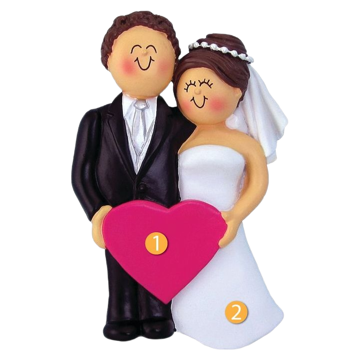 Cheerful brunette wedding couple figurine holding pink heart for Christmas Ornaments & Tree Decorations under $50 collection