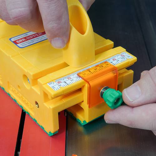 Yellow saw measurement accessory with adjustable orange cursor and green knob for power tool and saw accessories collections under $50