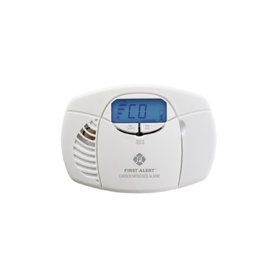 White digital carbon monoxide detector with electrochemical sensor and LCD screen for home electrical safety monitoring