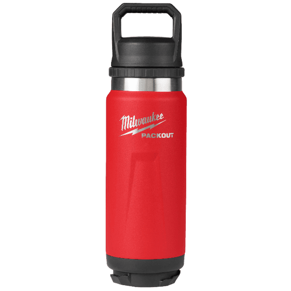 Red insulated tool bottle with black chug lid and PACKOUT™ connectivity for power tool accessories and home improvement