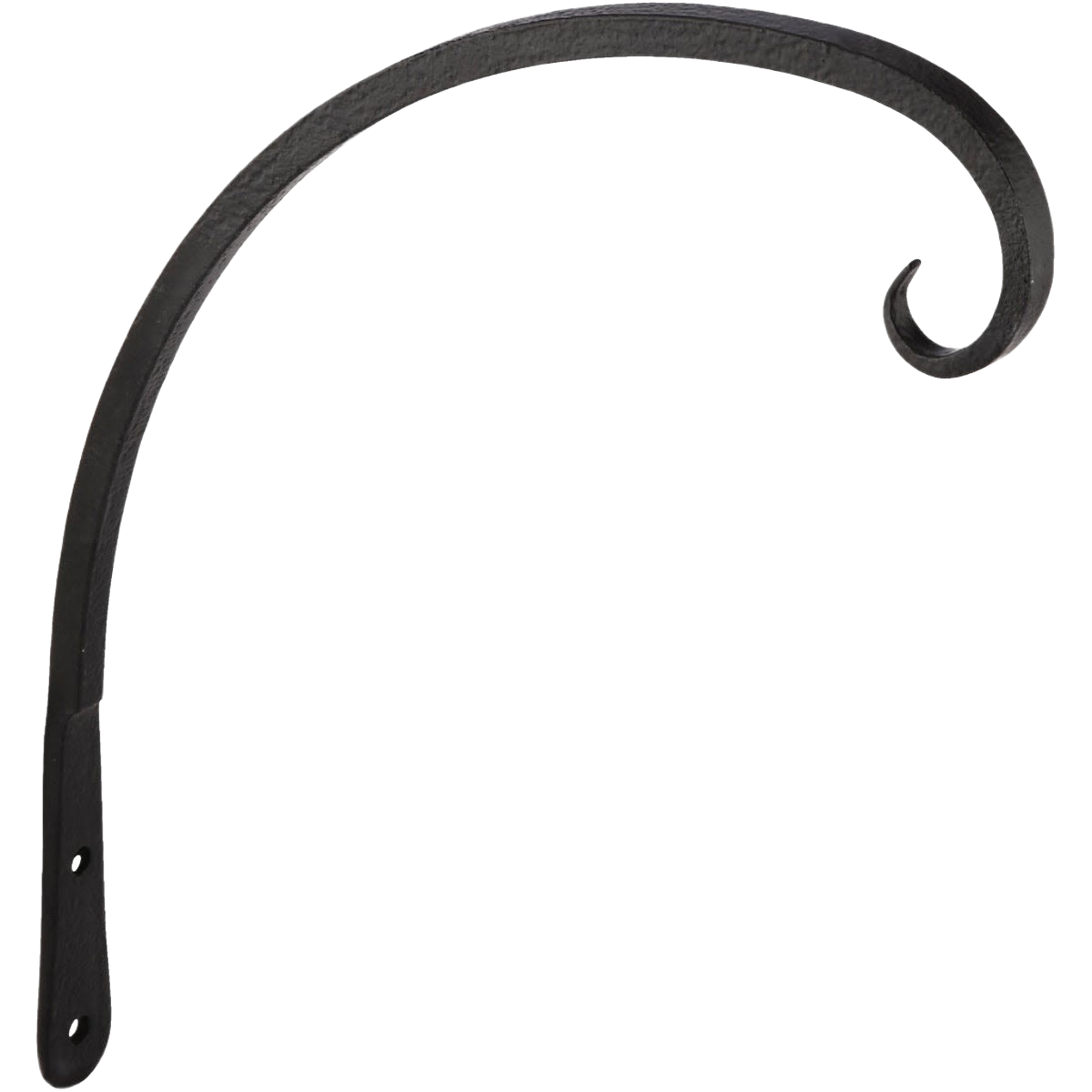 Black powder-coated curved wrought iron bracket for hanging plants and outdoor decor in lawn and garden projects