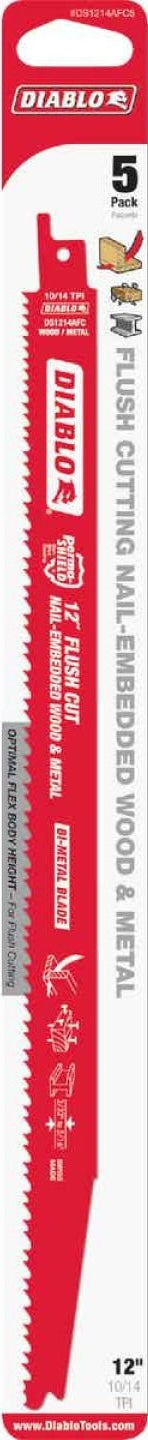 Pack of five 12-inch bi-metal flush cutting saw blades for woodworking and metal cutting in power tool accessories collection