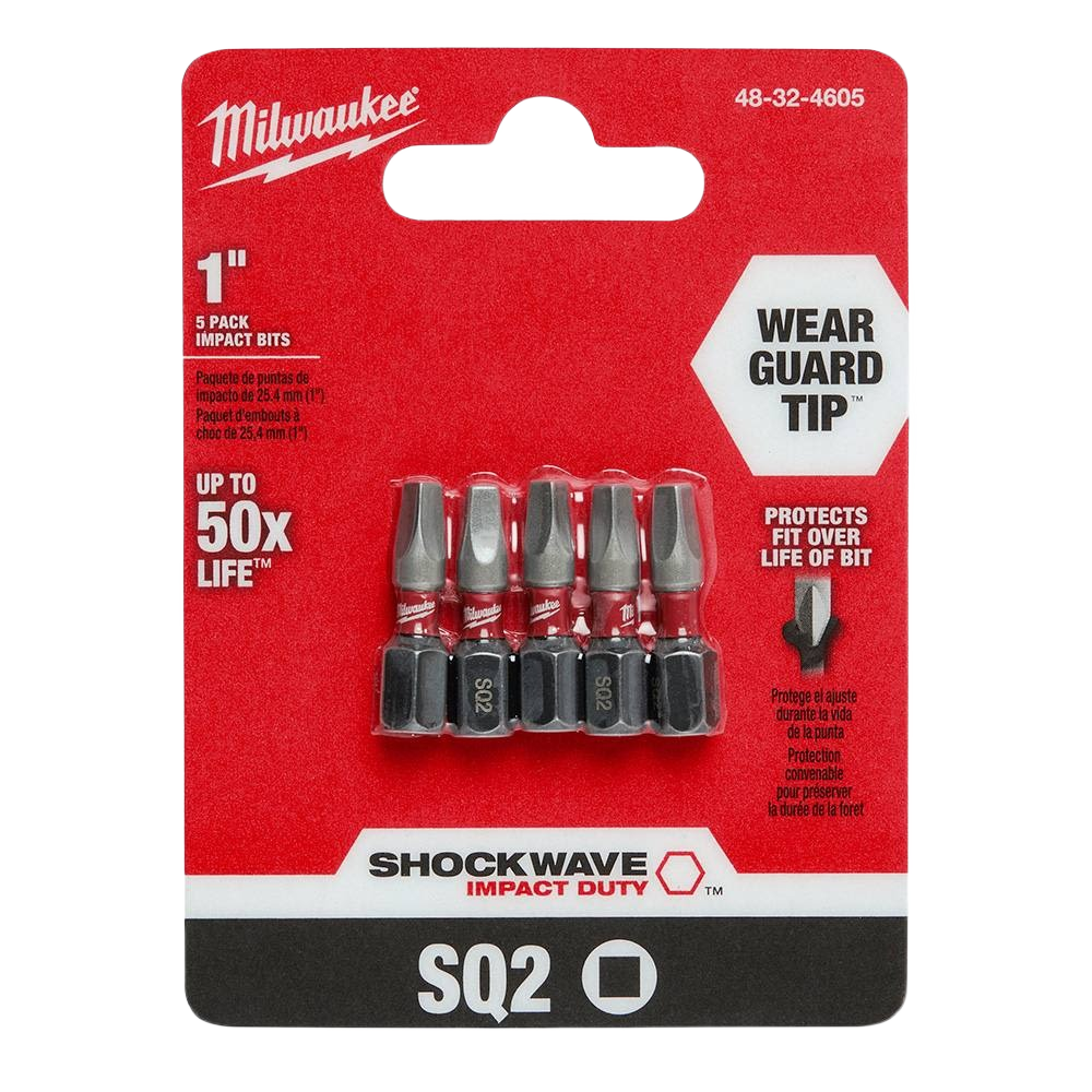 Set of five 1-inch SQ2 square impact bits with Wear Guard Tip technology for power tool accessories and home improvement