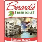 Vintage Italian cityscape illustration on red and cream coffee packaging for Italian Roast coffee beans