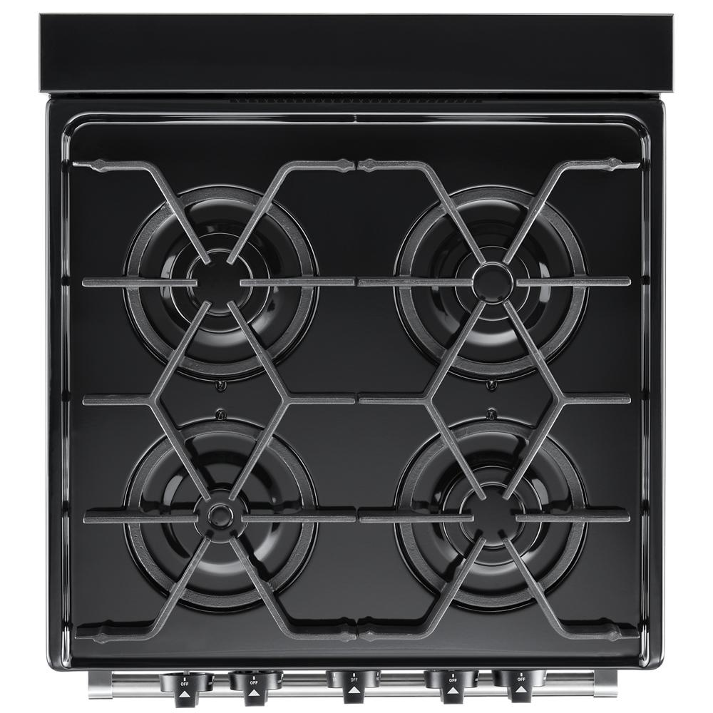 Top view of a black 24-inch freestanding gas range with sealed burners and control knobs for home improvement use