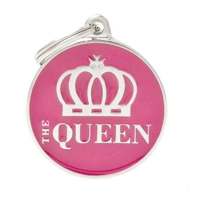 Pink circular pet ID tag with silver crown design and "THE QUEEN" text on front side
