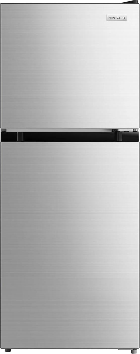 Compact refrigerator in stainless steel finish featuring a top freezer and bottom refrigerator compartment, suitable for Mini Refrigerators, Kitchen & Kitchenware, Appliances, and Refrigerators collections.