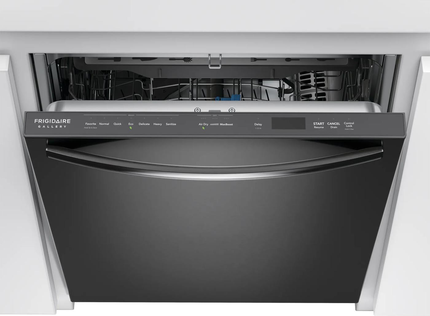 Built-in dishwasher with stainless steel tub partially open showcasing control panel in dishwashers collection