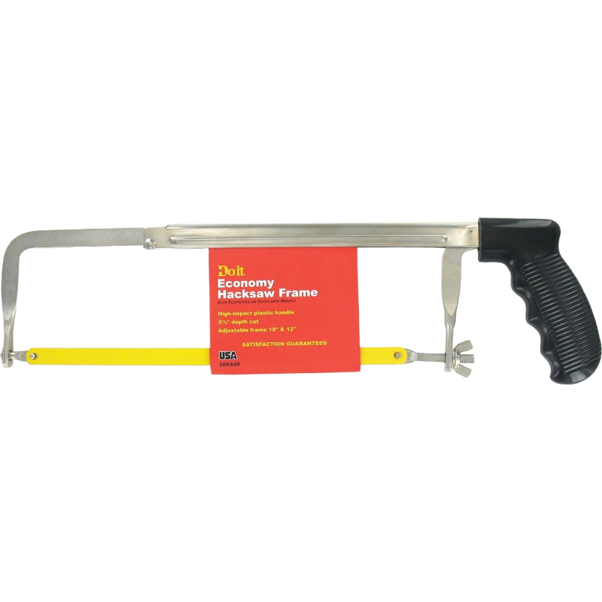 Metal hacksaw with yellow blade and black ergonomic handle for home improvement cutting tasks