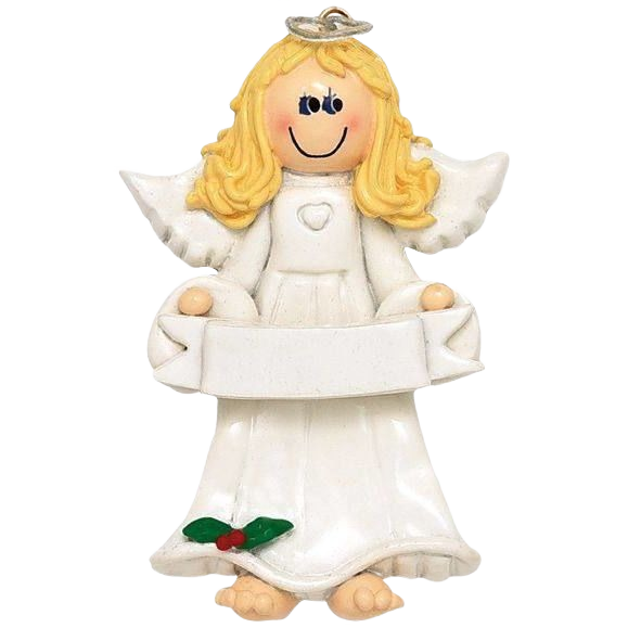 Blonde angel Christmas ornament with white dress, holding blank banner and holly detail, festive tree decoration under 50 dollars