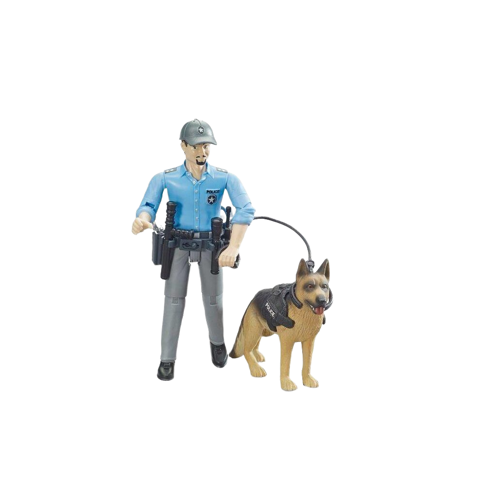 Figure of a blue-uniformed police officer holding a leash walking a German Shepherd dog in a harness