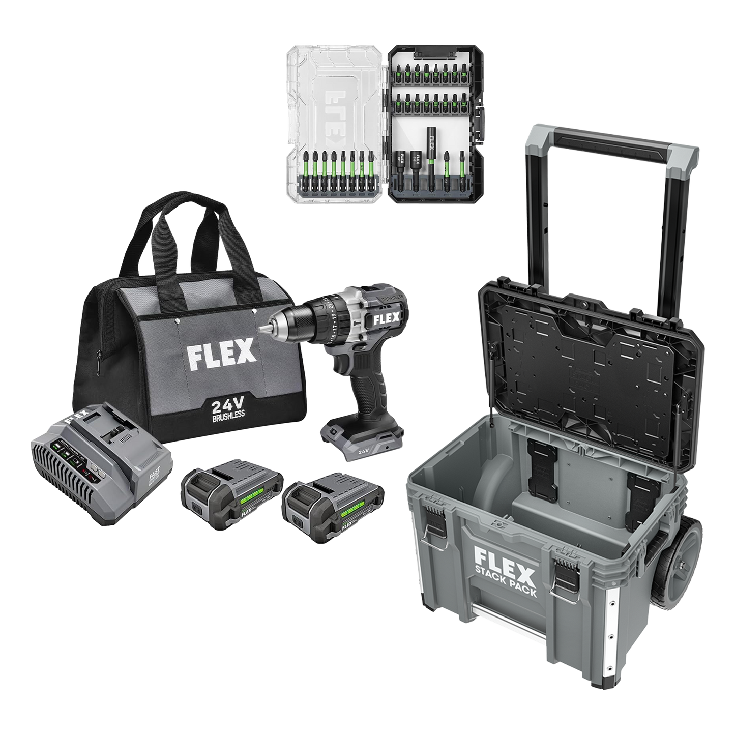 FLEX 1/2" 2-SPEED Hammer Drill Kit + 29-Pc. Impact Driver Bit Set & Stack Pack™ Rolling Tool Box