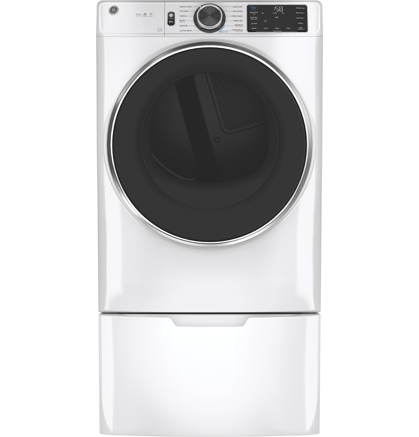 Front-load white washing machine with black door on a matching pedestal for laundry appliance parts and accessories