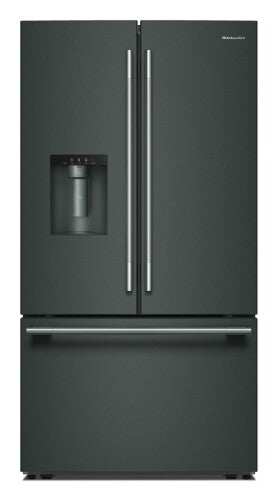 Black French door refrigerator with bottom freezer drawer and exterior water and ice dispenser for kitchen appliances