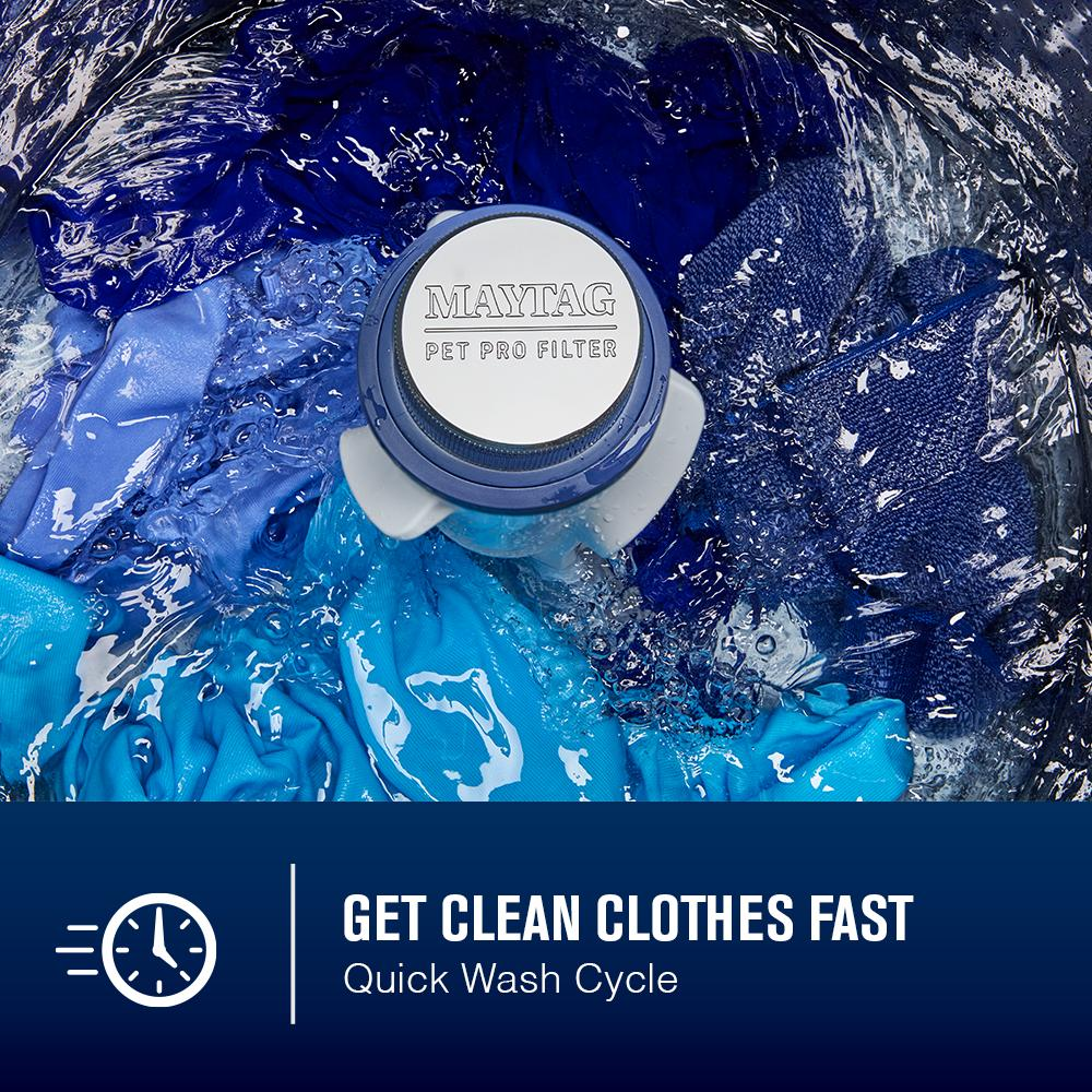 Close-up of Pet Pro filter agitator in washer drum with blue clothes washing on quick wash cycle in appliances collection