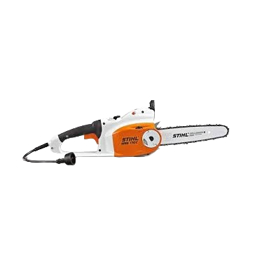 White and orange lightweight electric chainsaw with corded power supply, part of outdoor power tools, chainsaws, and rental equipment at Hartville Hardware for home improvement.