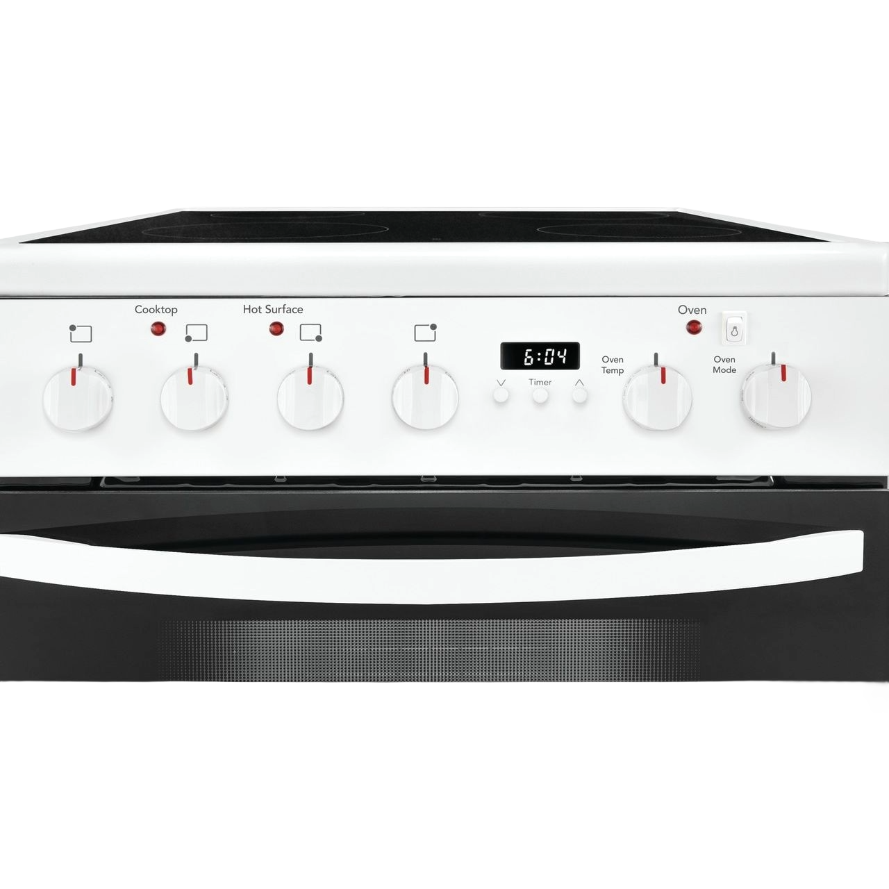 Front view of white freestanding electric range control panel with knobs and digital timer display