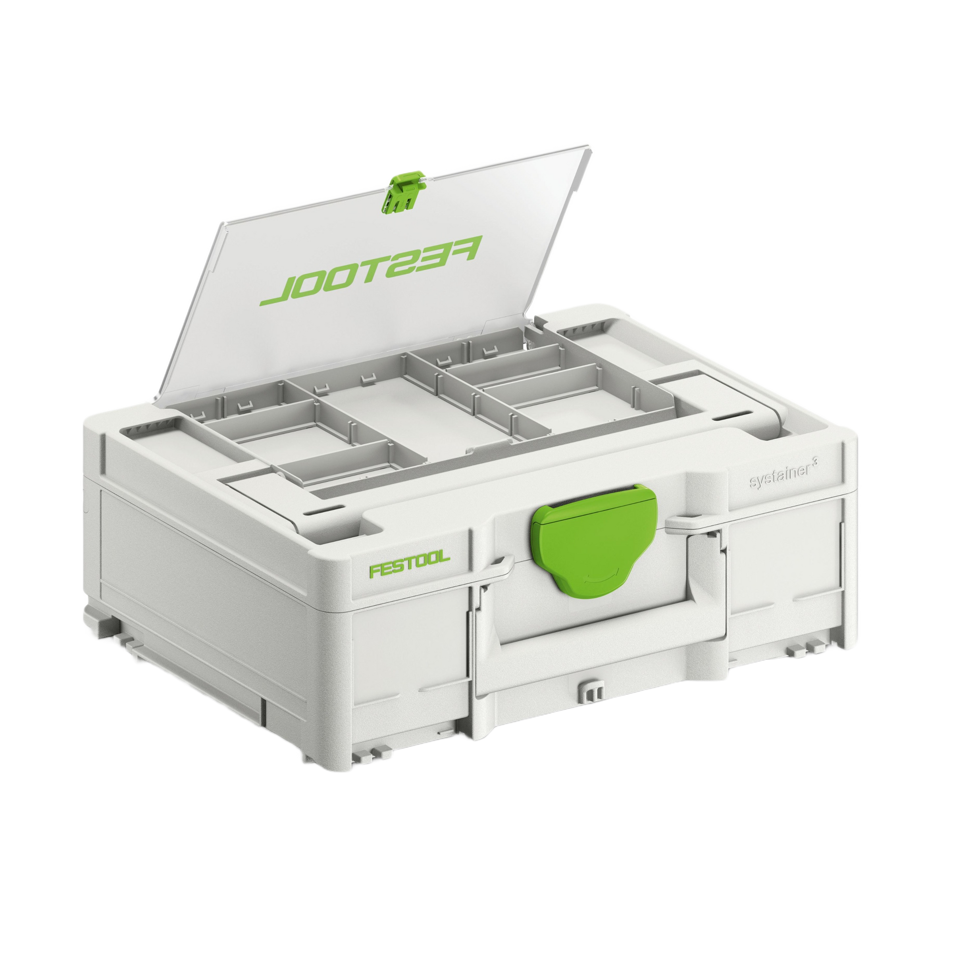 Compact gray and green tool storage box with transparent lid compartment for organizing woodworking tools and accessories