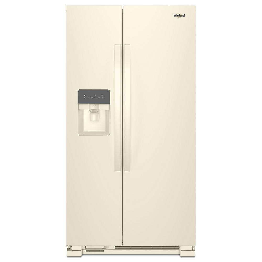 Whirlpool side-by-side refrigerator in off-white with water and ice dispenser, from appliances and kitchen collection
